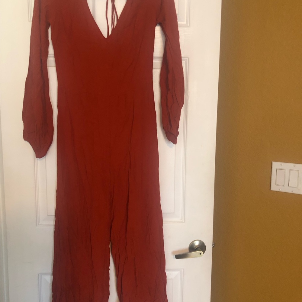 Zara Rust Long Sleeve V-Neck Jumpsuit